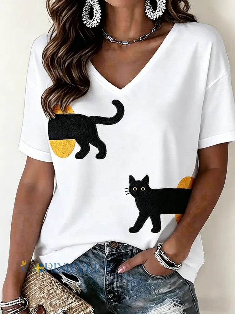 Kvinnors katt mönster V-hals T-shirt - vit / S
