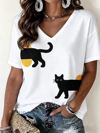 Kvinnors katt mönster V-hals T-shirt - vit / S
