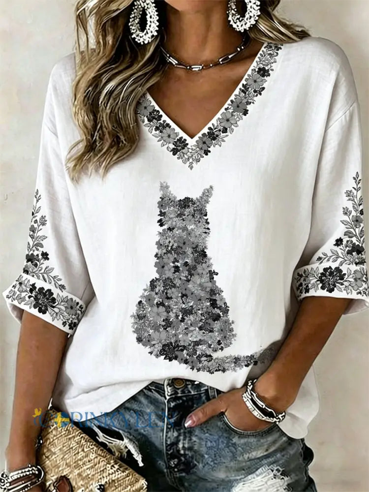 Kvinnors katt och blommar Print med längd ärmar V-hals T-shirt - vit / S