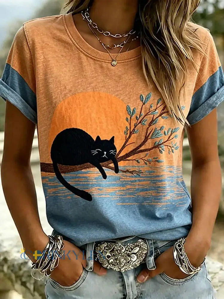 Kvinnors katt Print Casual T-shirt - som bild / S