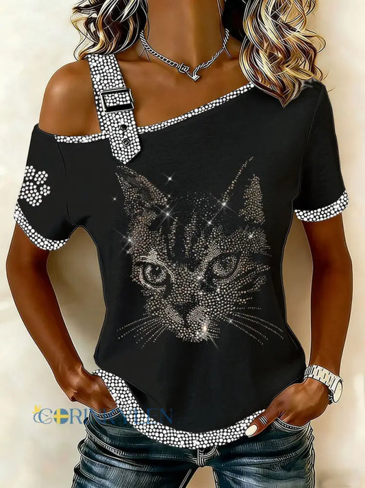 Kvinnors katt Print Casual T-shirt - svart / S