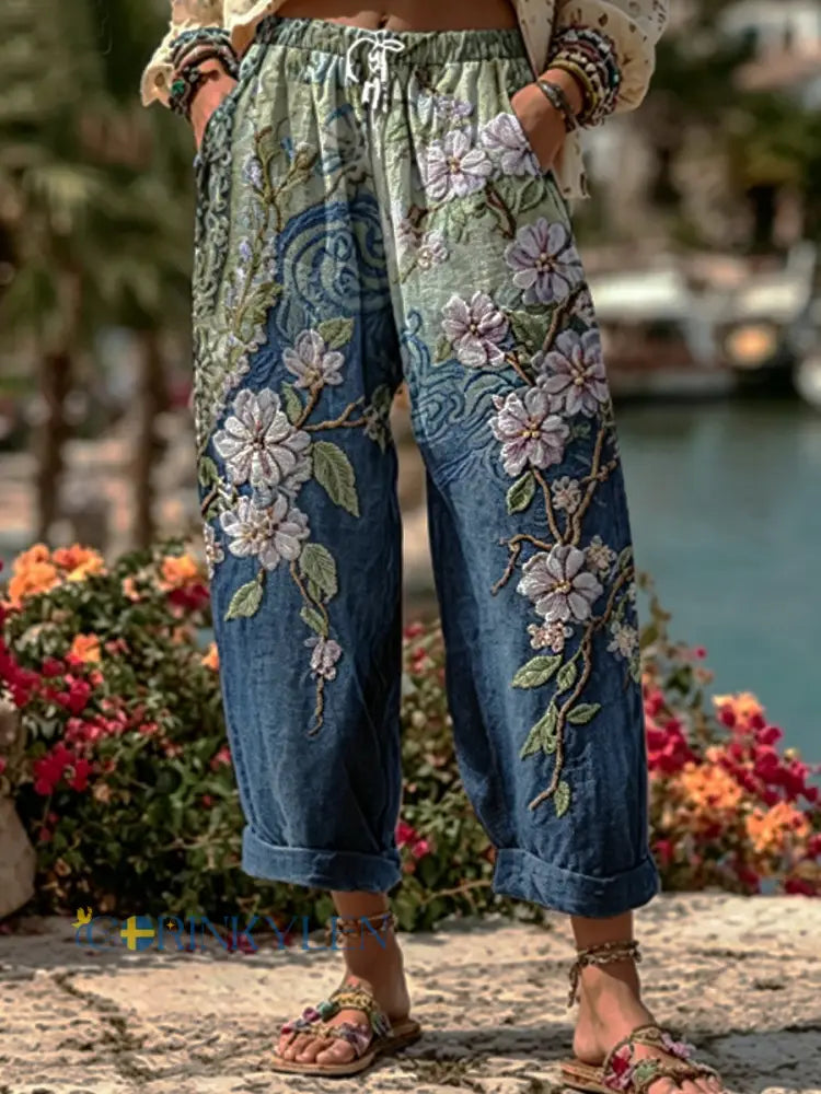 Kvinnors klass gradient Japanska Sakura Cherry Blossom och havsvåg broderade mönster Lin Casual Bys - blå / S