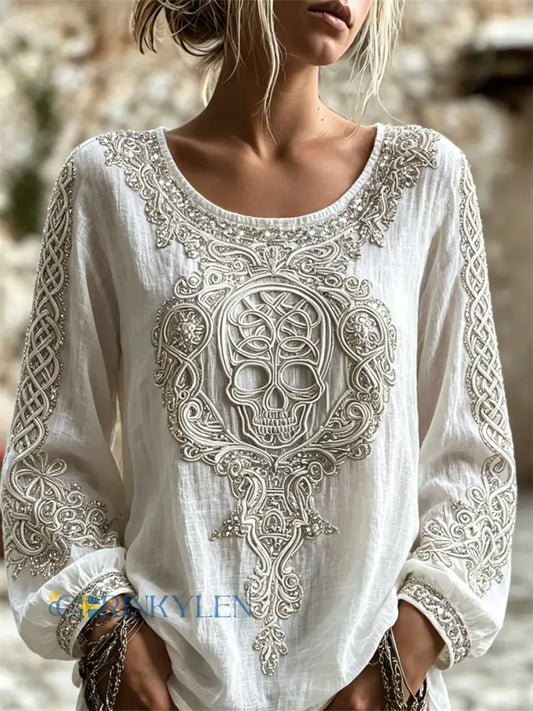 Kvinnors klass keltiska Skull Viking keltisk knop Prnt bomull-Linen tröj - vitt / S