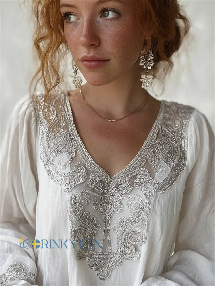 Kvinnors klassiska keltiska knop Viking Vintage Skriv ut bomull-Linen tröj - vitt / S