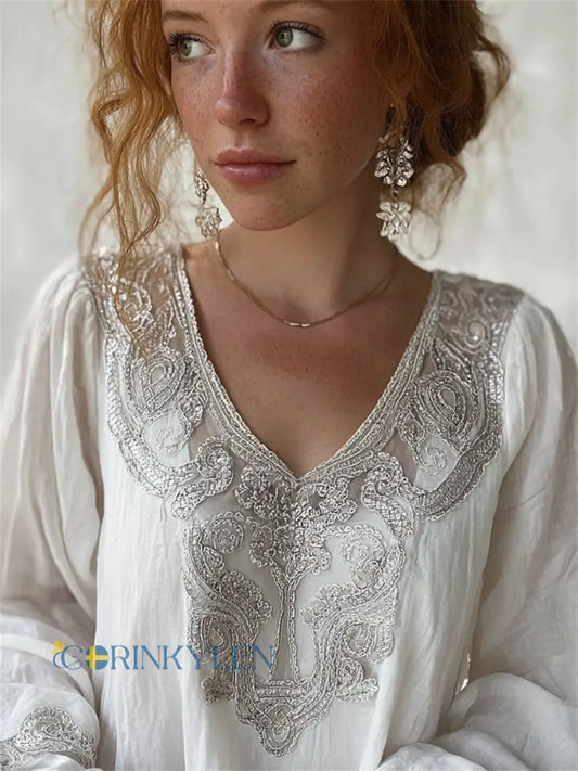 Kvinnors klassiska keltiska knop Viking Vintage Skriv ut bomull-Linen tröj - vitt / S