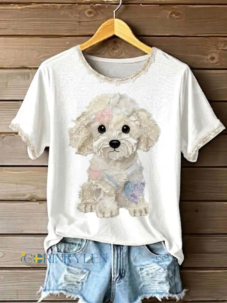 Kvinnors konst Hund spets Patchwork Tryckt T-shirt - vitt / S