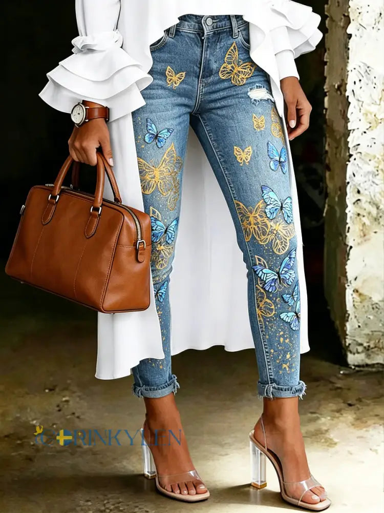 Kvinnors konstnärliga djur Floral Print Jeans - blå / S