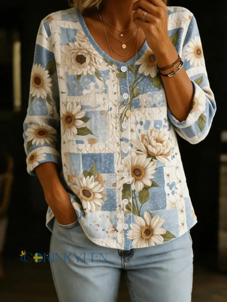 Kvinnors kors blomster bomull-linen V-hals knapp-upp-skjort - som bild / S