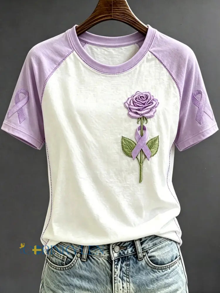 Kvinnors lila band Rose Print Kontrast ärm rund hals T-shirta - mörkt / S