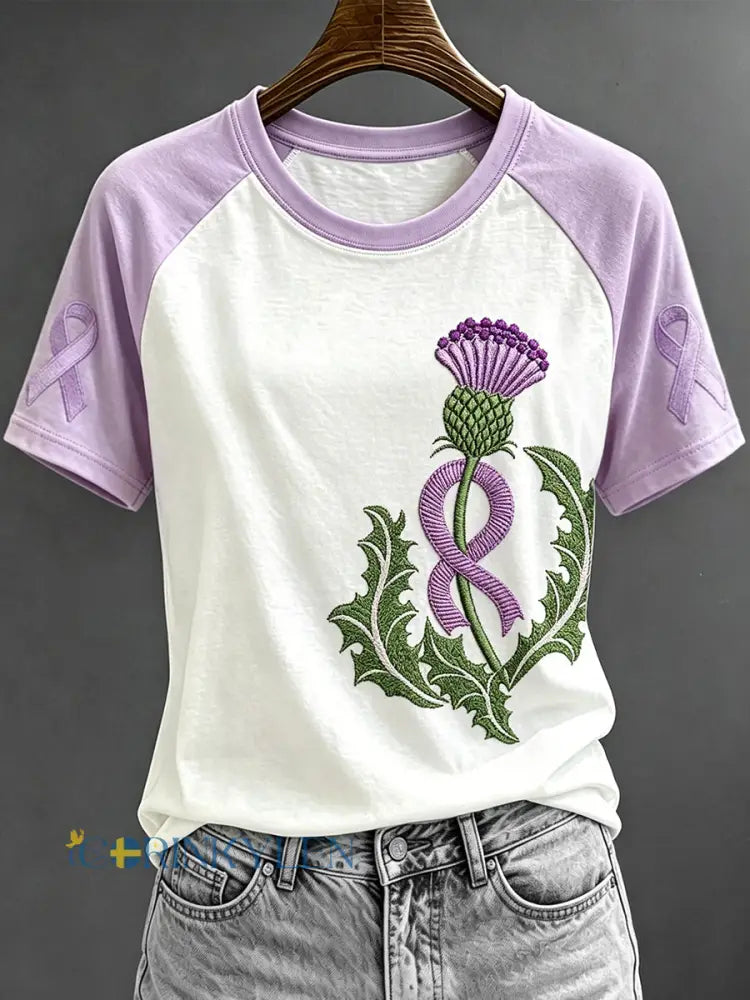 Kvinnors lila band Skotska Thistle Print Kontrast ärm rund hals T-shirta - mörkt / S