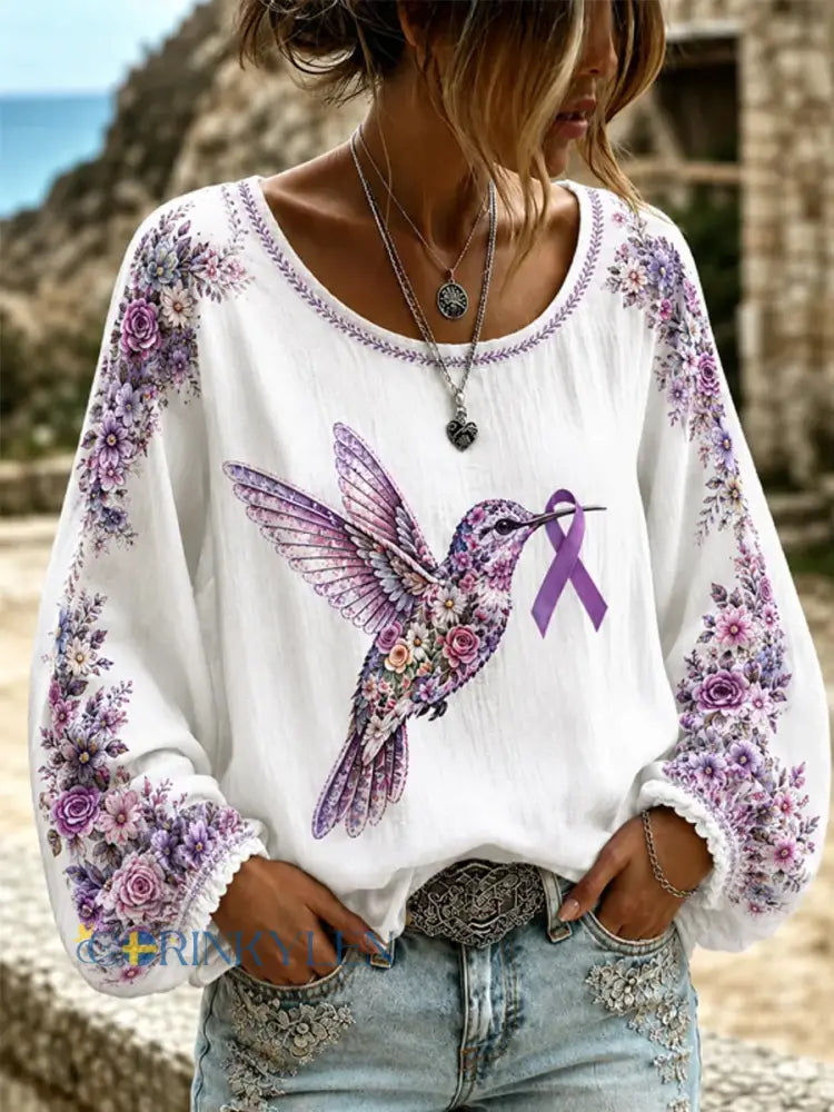 Kvinnors lila blommor & Hummingbird Skriv ut Alzheimers medvetenhet Stöd Långa ärmar Topp - vit / S