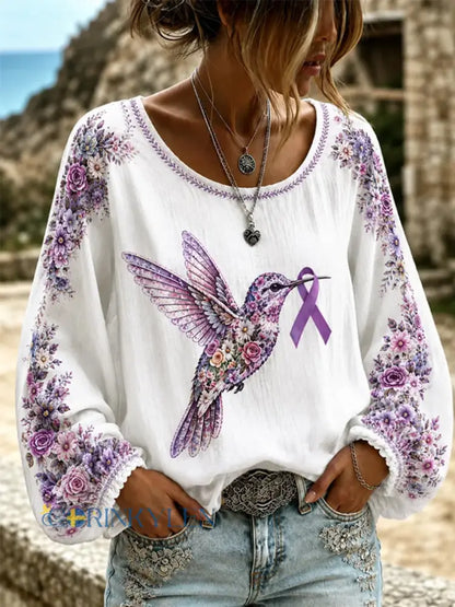 Kvinnors lila blommor & Hummingbird Skriv ut Alzheimers medvetenhet Stöd Långa ärmar Topp - vit / S