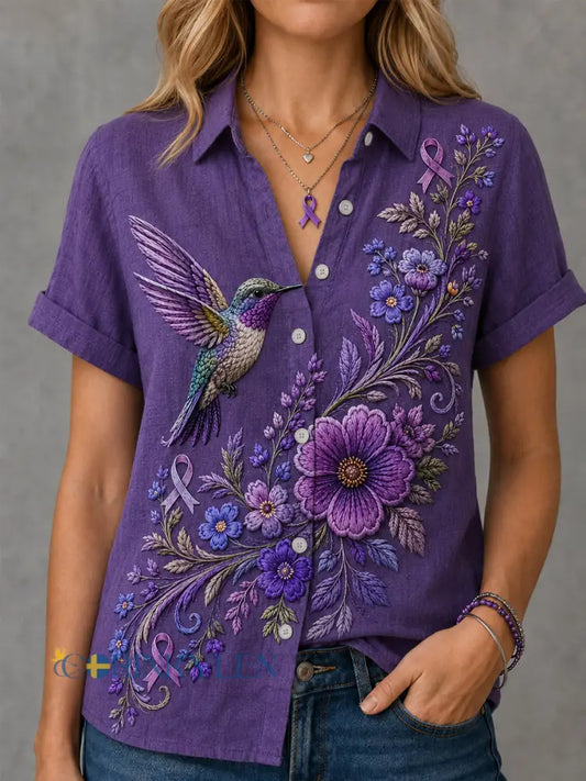 Kvinnors lila blommor & Hummingbird Skriv ut Alzheimers medvetenhet Support tröja - mörkt / S