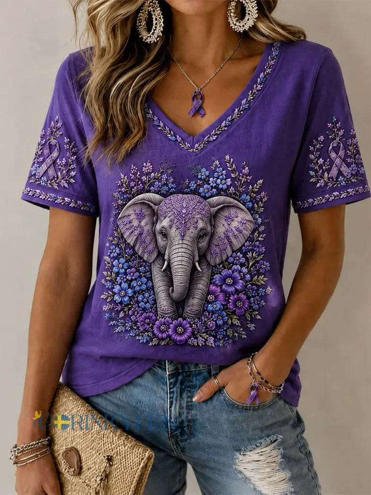 Kvinnors lila blomster & elefant Skriv ut Alzheimers medvetenhet Stöd V-Neck Tee - djup purpura / S