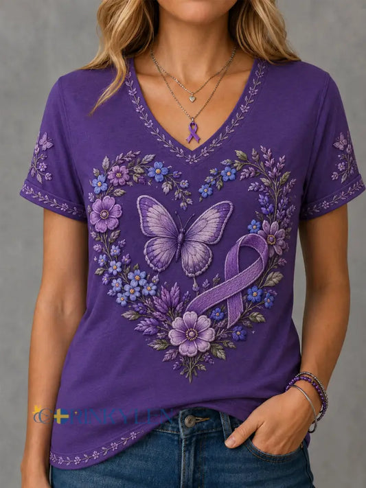 Kvinnors lila blomster och fjäril Print Alzheimers medvetenhet Stöd V-Neck Tee - mörkt / S