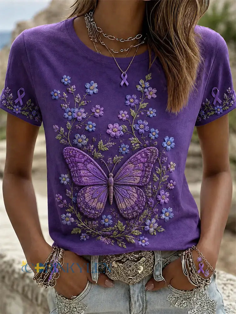 Kvinnors lila blomster och fjäril Print Alzheimers medvetenhet Support Tee - mörkt / S
