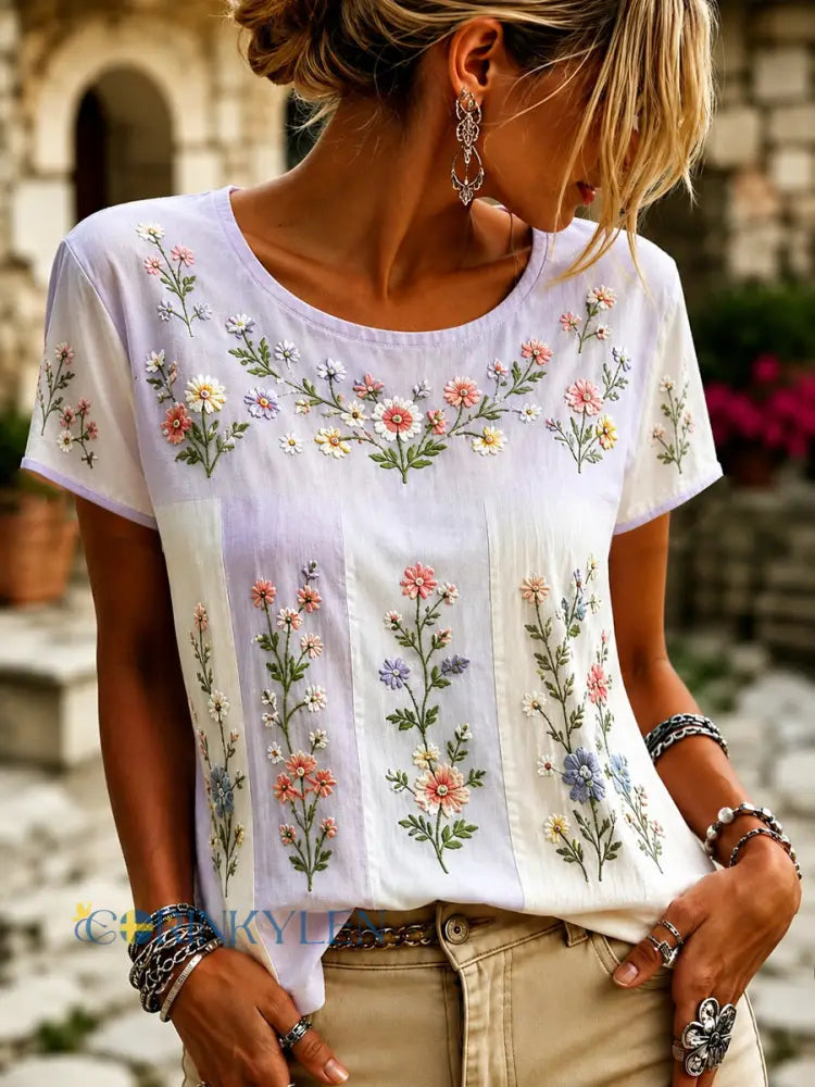 Kvinnors lila Flora Konst Print Casual T-shirt - som bild / S