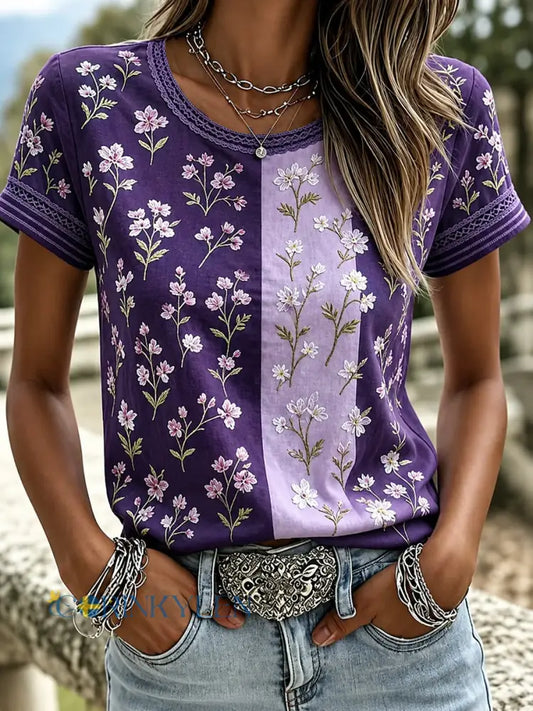 Kvinnors lila Flora Konst Tryckt T-shirt - som bild / S