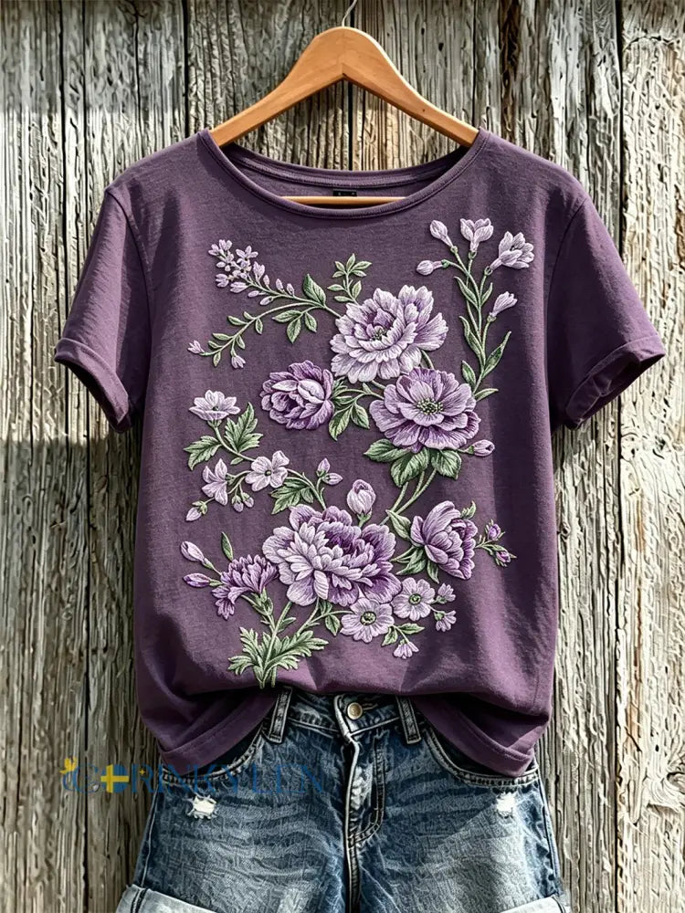 Kvinnors lila växt blomma mönster tryckt avslappnad kortärmade T-shirt - djup purpura / S