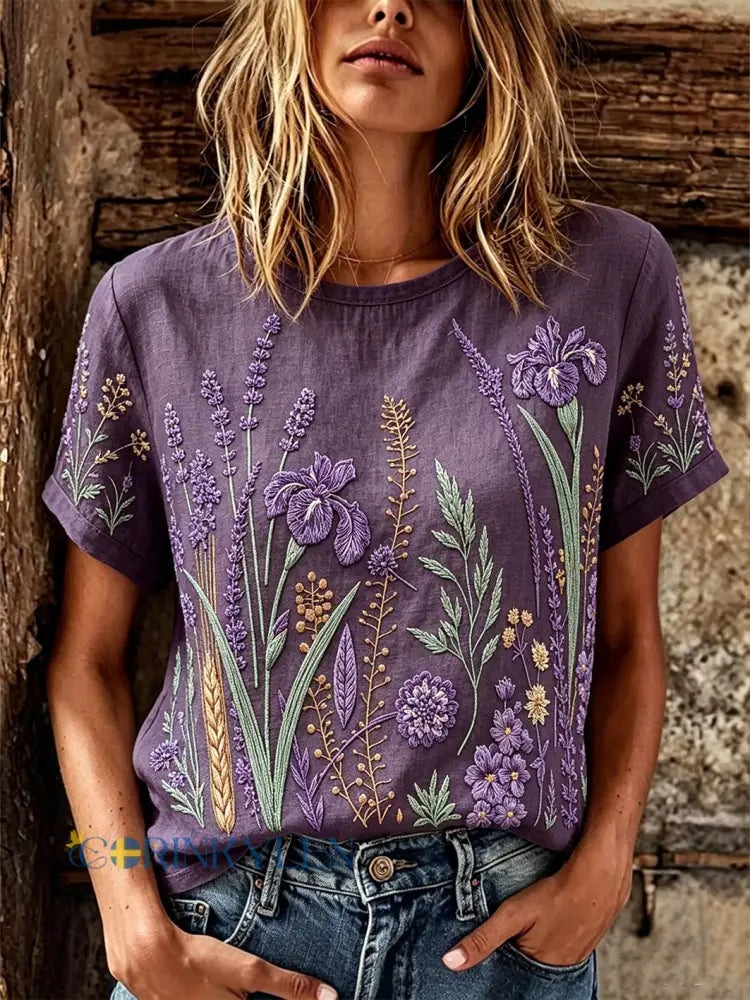 Kvinnors lila växt blomma mönster tryckt avslappnad linne kortärmade T-shirt - djup purpura / S