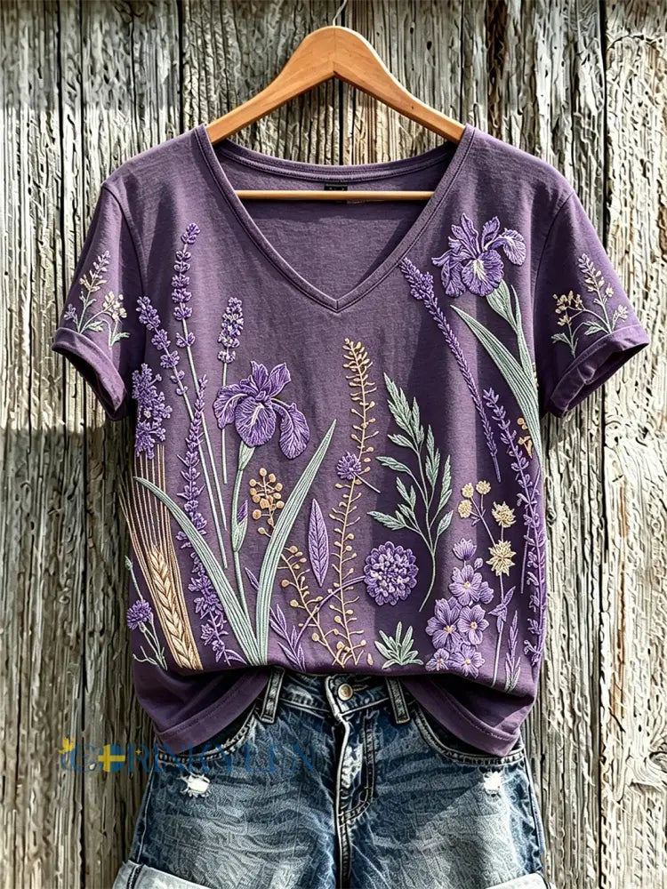 Kvinnors lila växt blomma mönster tryckt casual T-shirt - djup purpura / S
