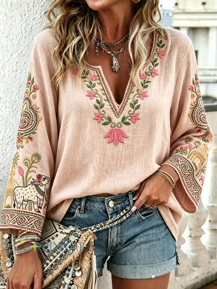 Kvinnors ljus rosa Traditionella blomsterbroderade utskrift Casual V-hals T-shirt - runk / S