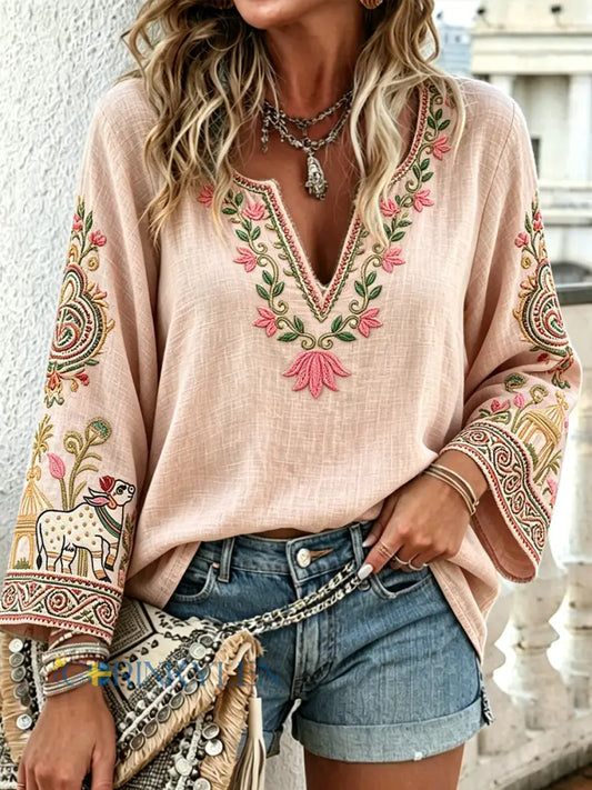Kvinnors ljus rosa Traditionella blomsterbroderade utskrift Casual V-hals T-shirt - runk / S