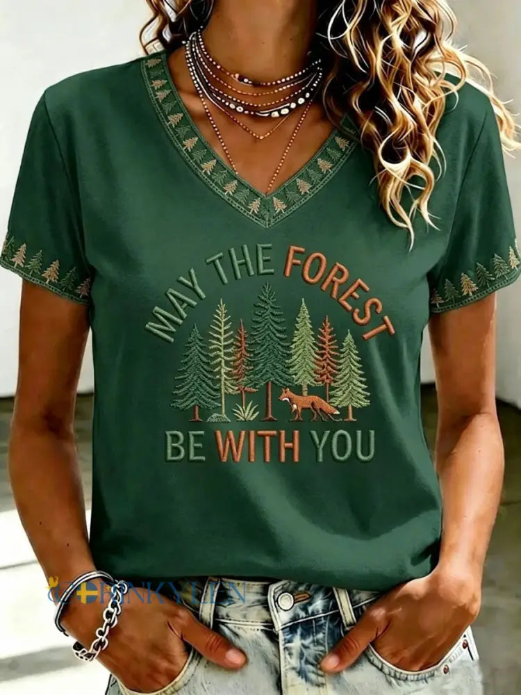 Kvinnors Maj Skogen vara med du Print T-shirt - mörk gröna / S