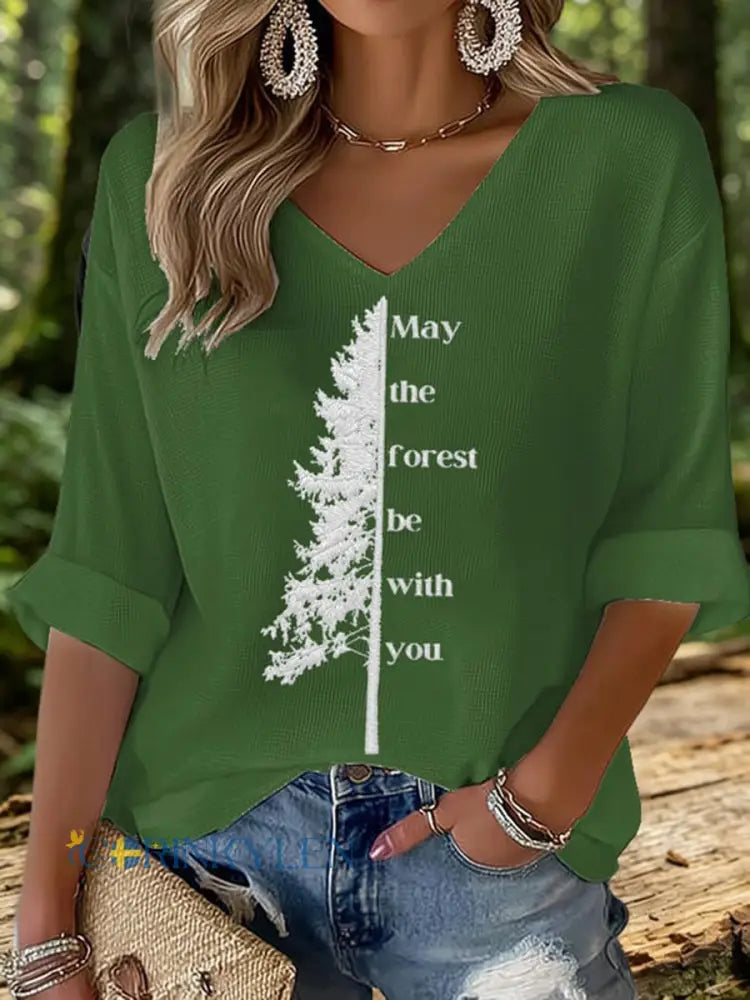 Kvinnors Maj skogen vara med du tryckt våffle T-shirt - grön / S