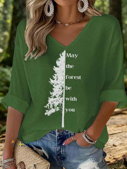 Kvinnors Maj skogen vara med du tryckt våffle T-shirt - grön / S