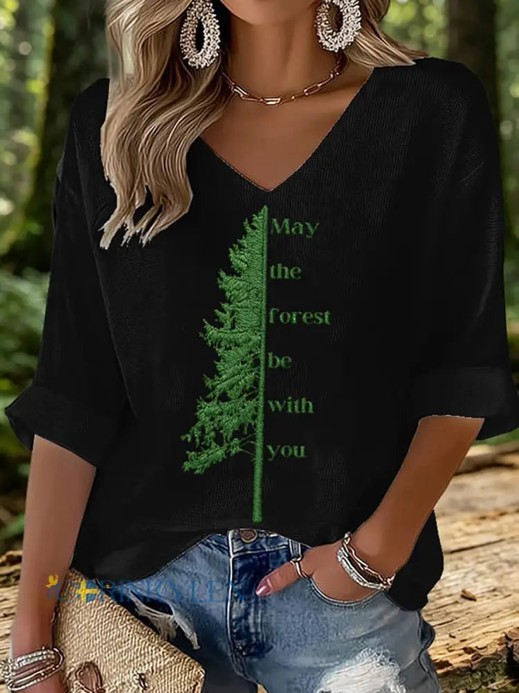 Kvinnors Maj skogen vara med du tryckt våffle T-shirt - svart / S