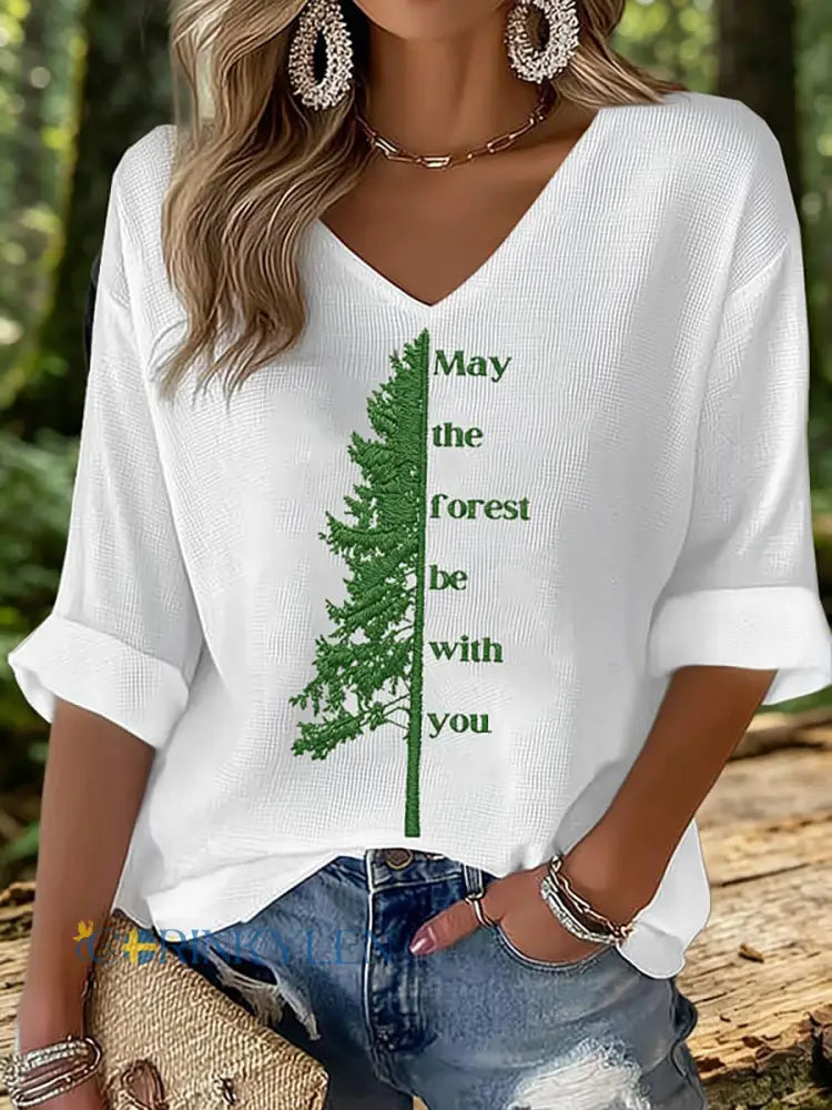 Kvinnors Maj skogen vara med du tryckt våffle T-shirt - vit / S