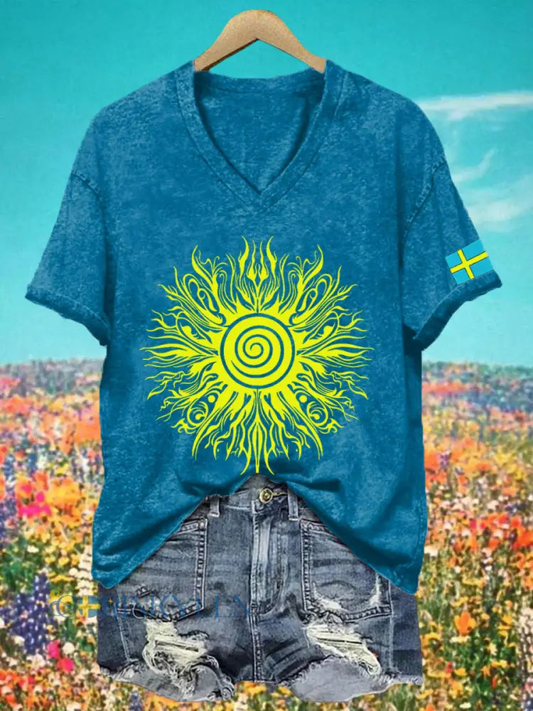 Kvinnors midsommar Print V Nacke T-shirt - blå / S