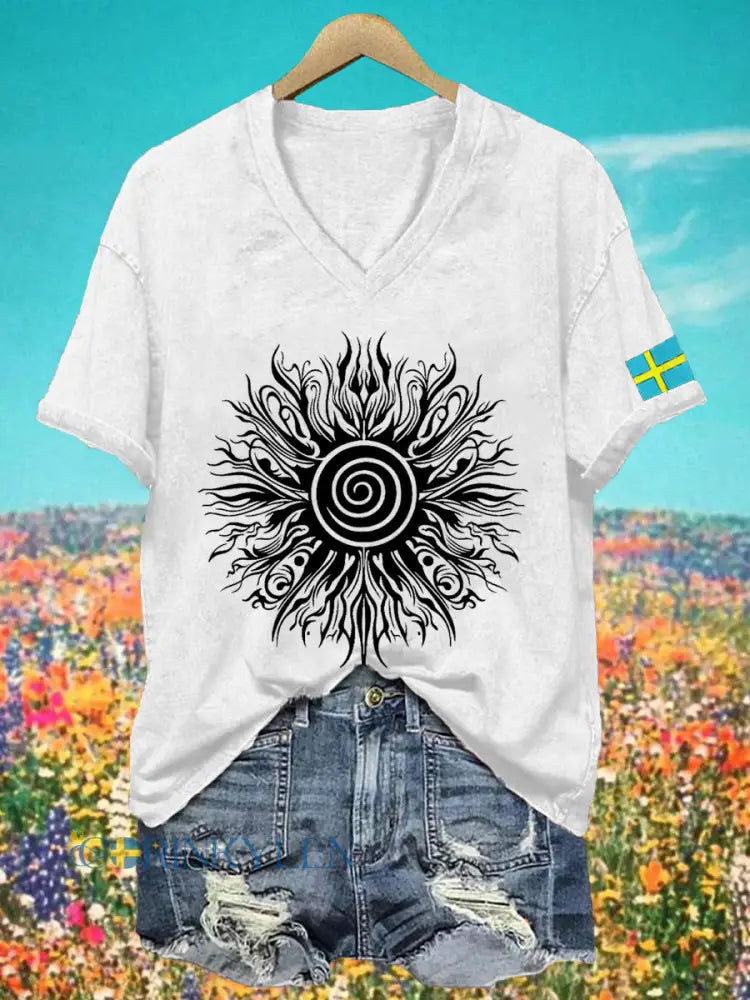 Kvinnors midsommar Print V Nacke T-shirt - vitt / S