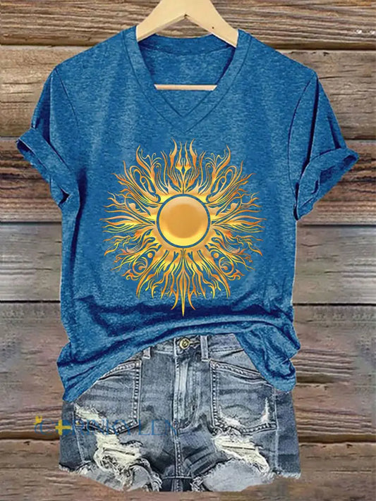 Kvinnors midsommar Sun V hals T-shirt - blå / S