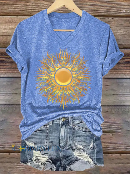 Kvinnors midsommar Sun V hals T-shirt - ljusblå / S
