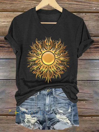 Kvinnors midsommar Sun V hals T-shirt - svart / S