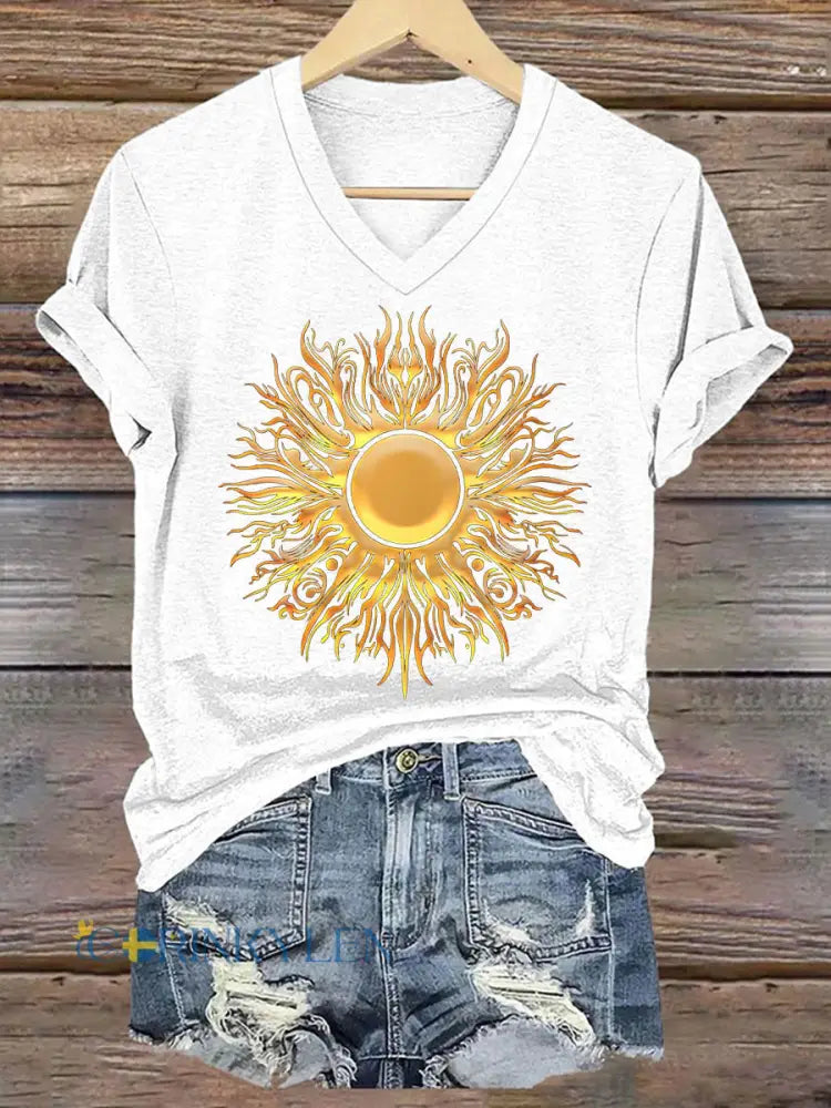 Kvinnors midsommar Sun V hals T-shirt - vitt / S