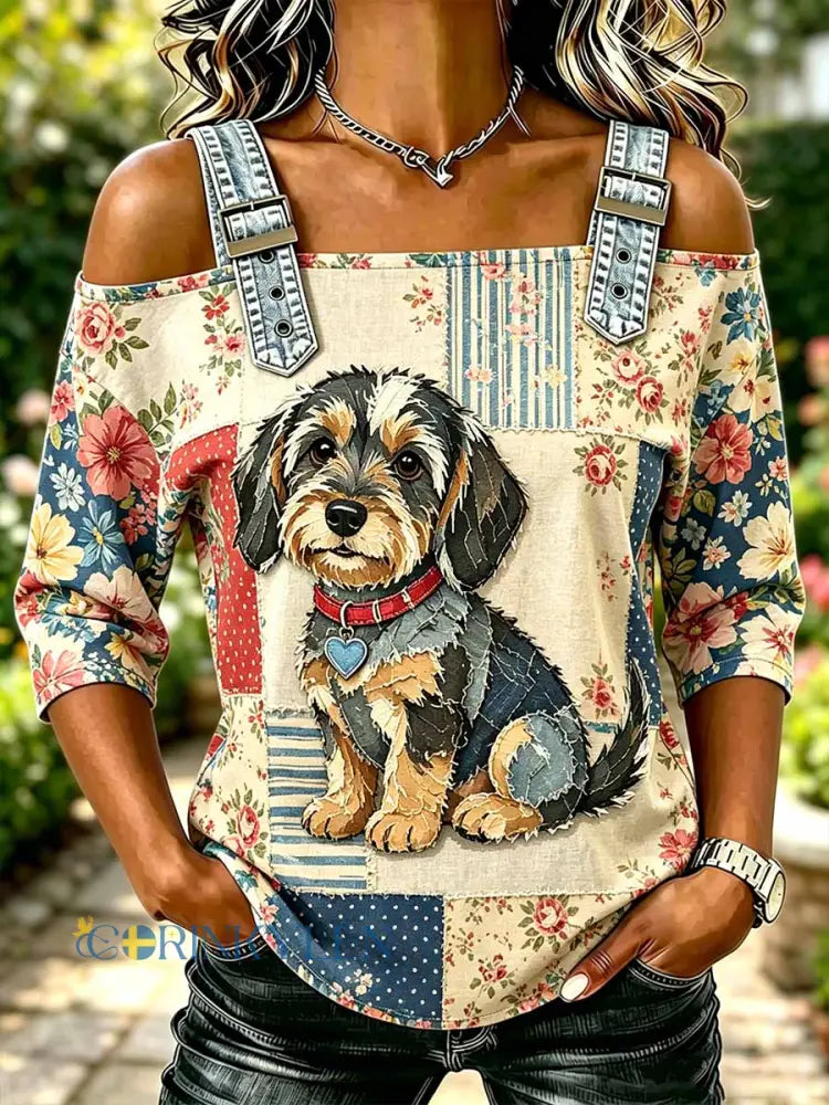 Kvinnors mode Casual Hund mönster Skriv ut T-shirt - som bild / S