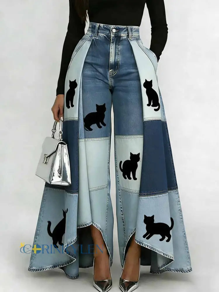 Kvinnors mode djur Print Casual Bredben byxor - som bild / S