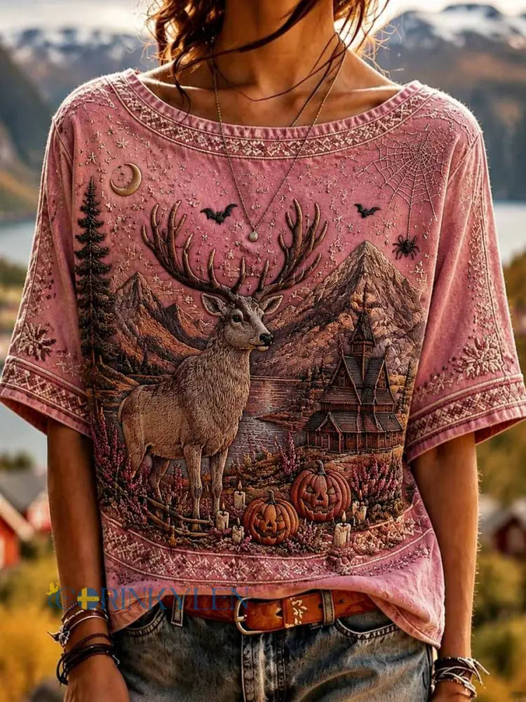 Kvinnors mode Halloween renar mönster tryckt T-shirt - som bild / S