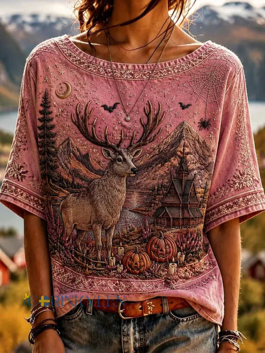 Kvinnors mode Halloween renar mönster tryckt T-shirt - som bild / S