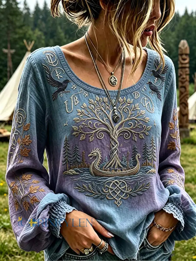 Kvinnors mode Viking träd av livet Print T-shirt - som bild / M