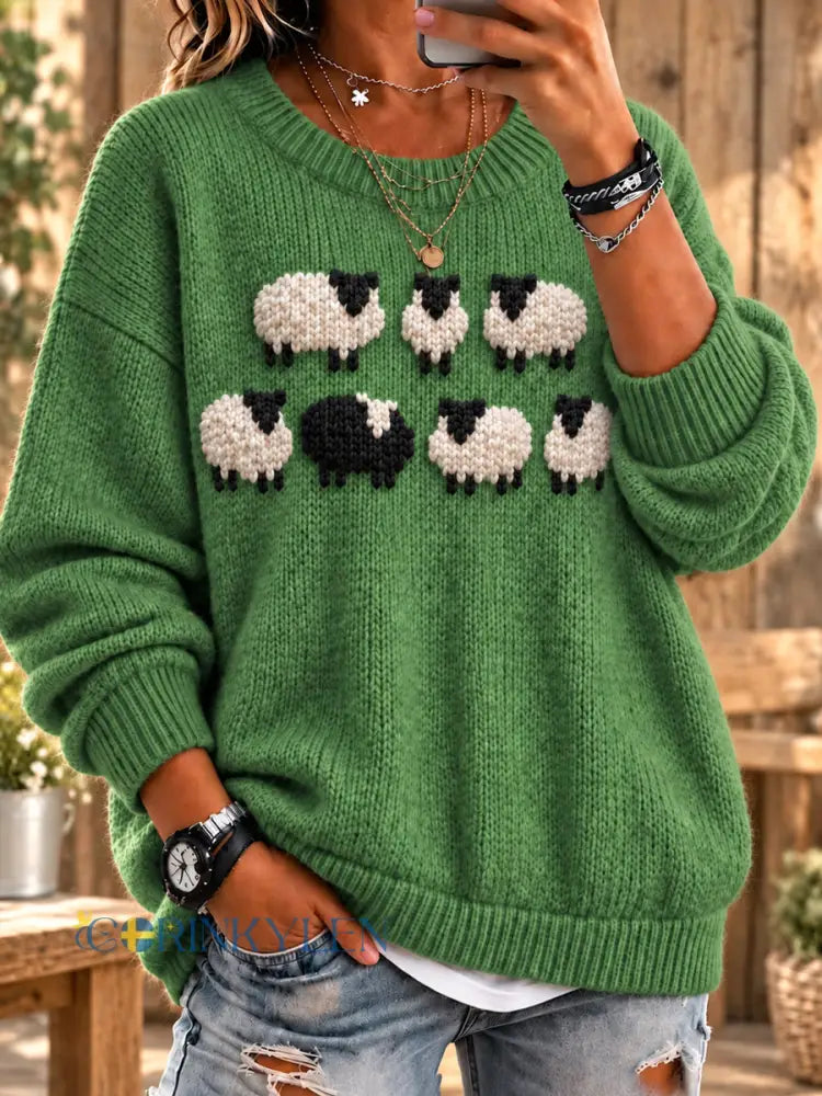 Kvinnors mysiga Countryside Svart & Vita Får Fuzzy Crewneck Sweater Sweater. - som bild / S