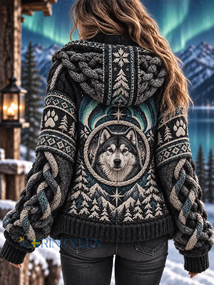 Kvinnors mysiga Hooded tröjacka med Vintage-stil djur konst Print - A / S
