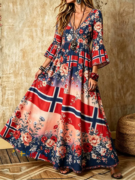 Kvinnors Nordic Scandinavian Style Floral Art Printed V-hals klänning med fickor - som bild / S