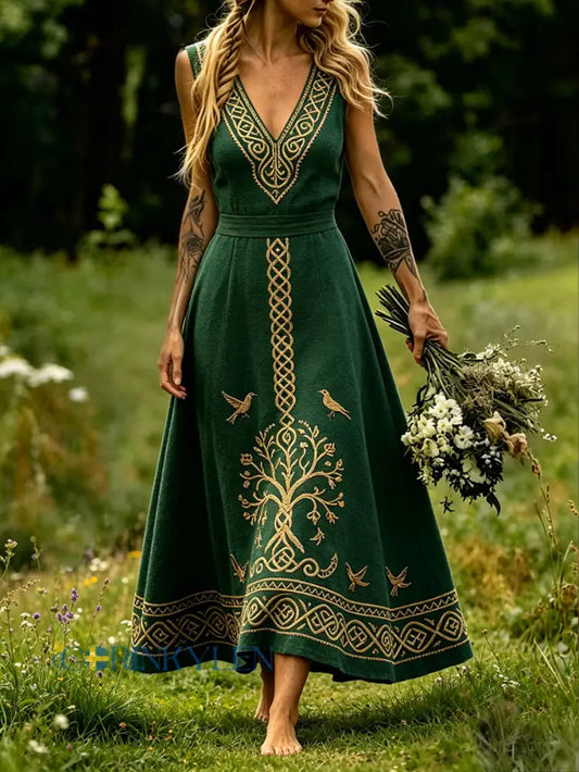 Kvinnors Nordiska VikingStyle Floral konst Tryckt klänning - grönt / S
