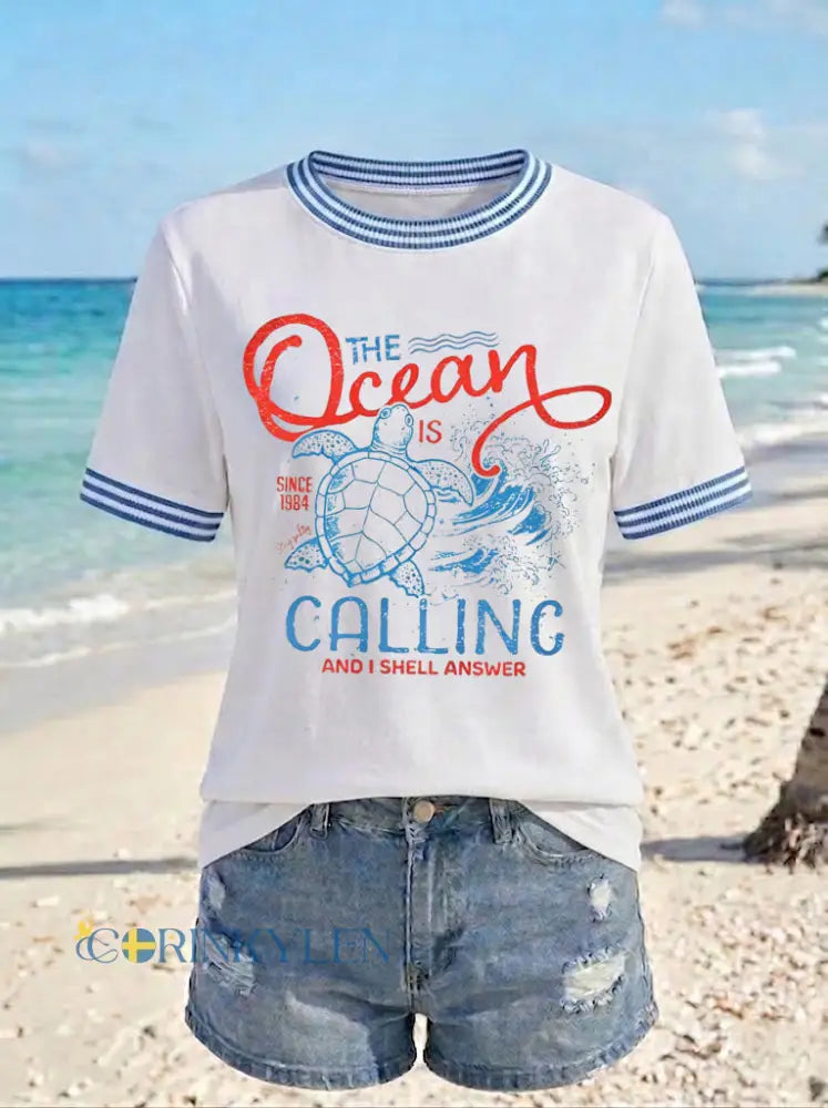 Kvinnors Ocean kallar tryckt T-shirt - vitt / S