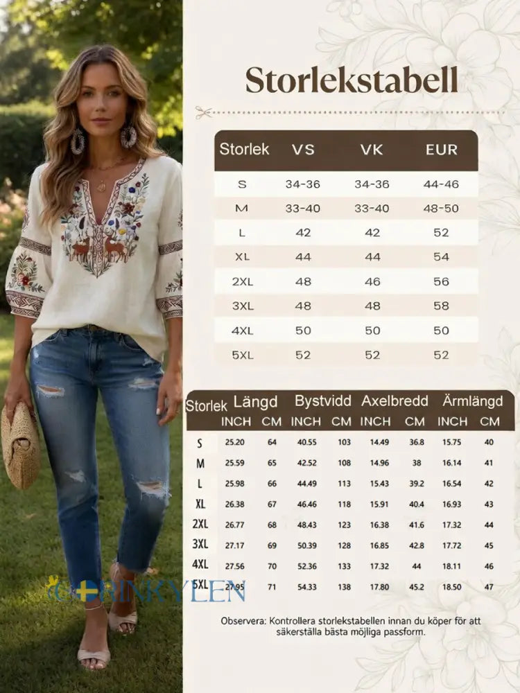 Kvinnors Off-vit traditionell broderad utskrift Casual V-hals bomull-Linen T-shirt