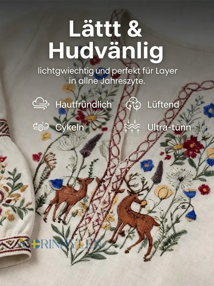 Kvinnors Off-vit traditionell broderad utskrift Casual V-hals bomull-Linen T-shirt